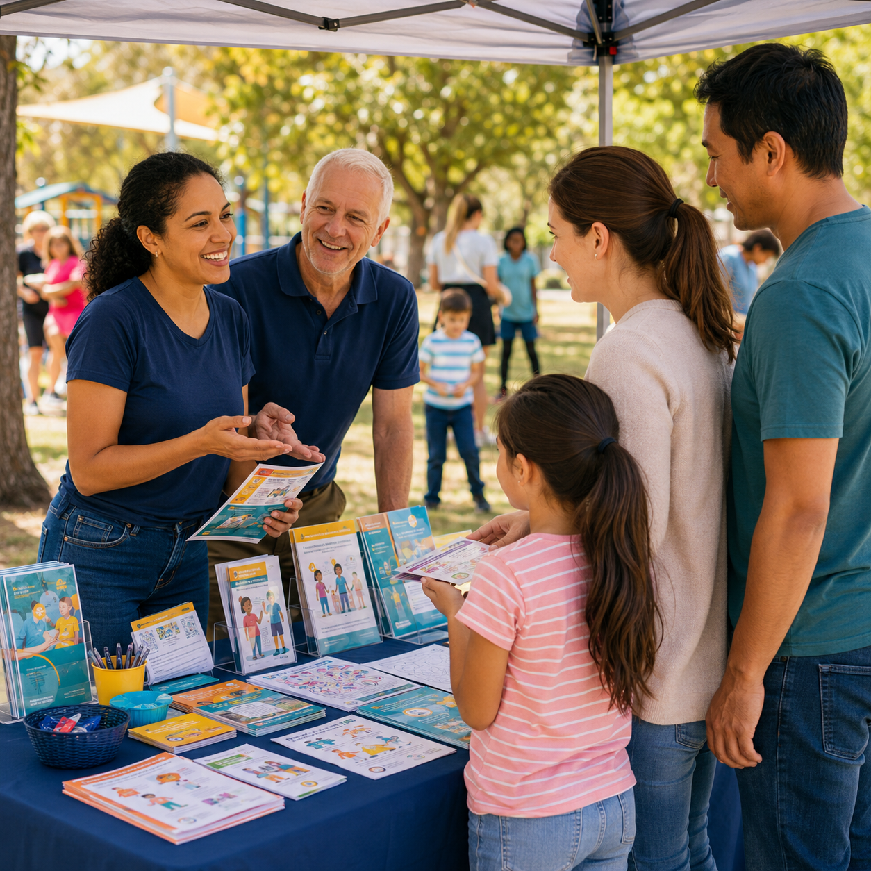 Volunteers sharing resources at a community awareness event