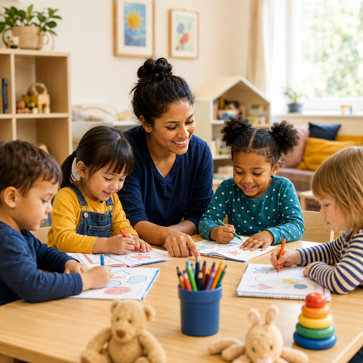 Young children enjoying a supervised colouring activity