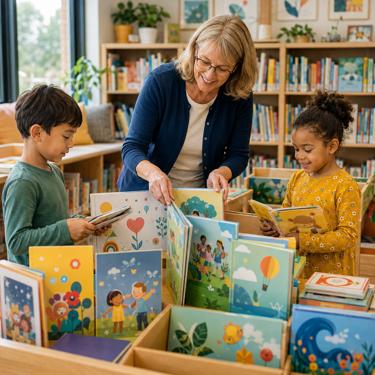 Children exploring books in a welcoming library