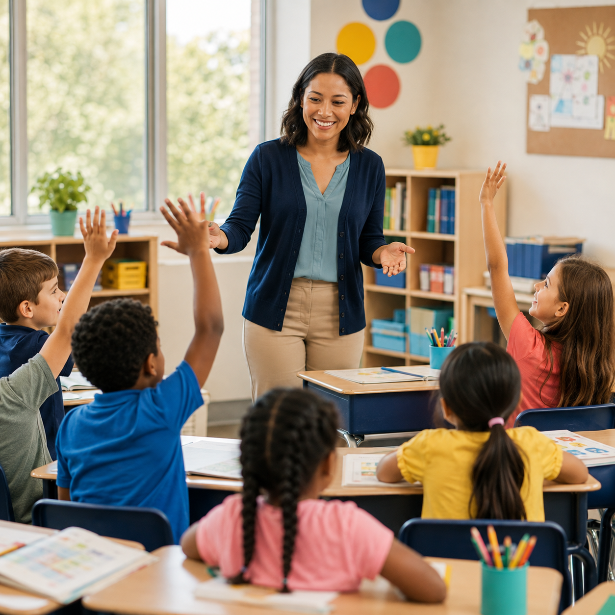 A teacher helping children learn in a classroom