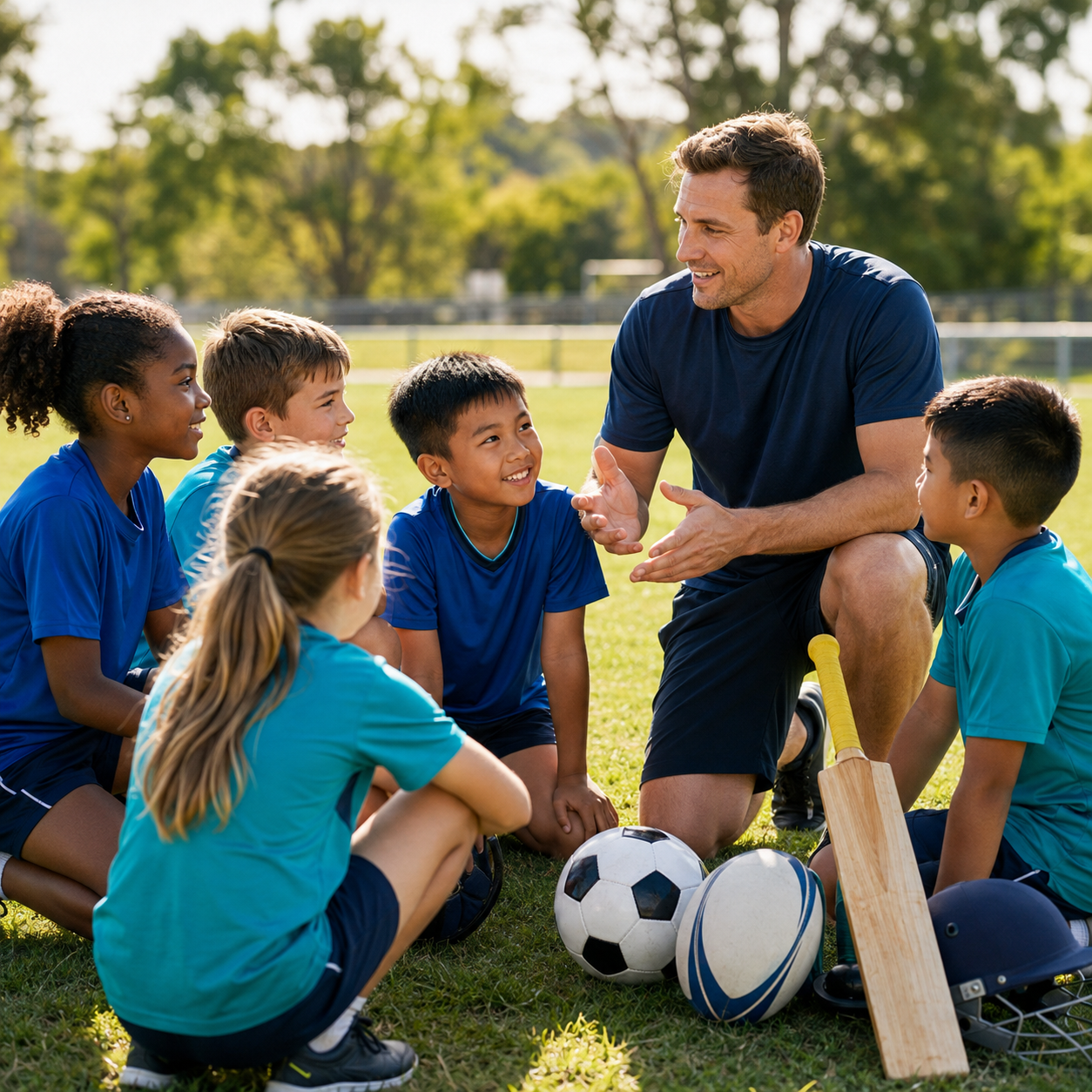 A sports coach speaking with children on a playing field