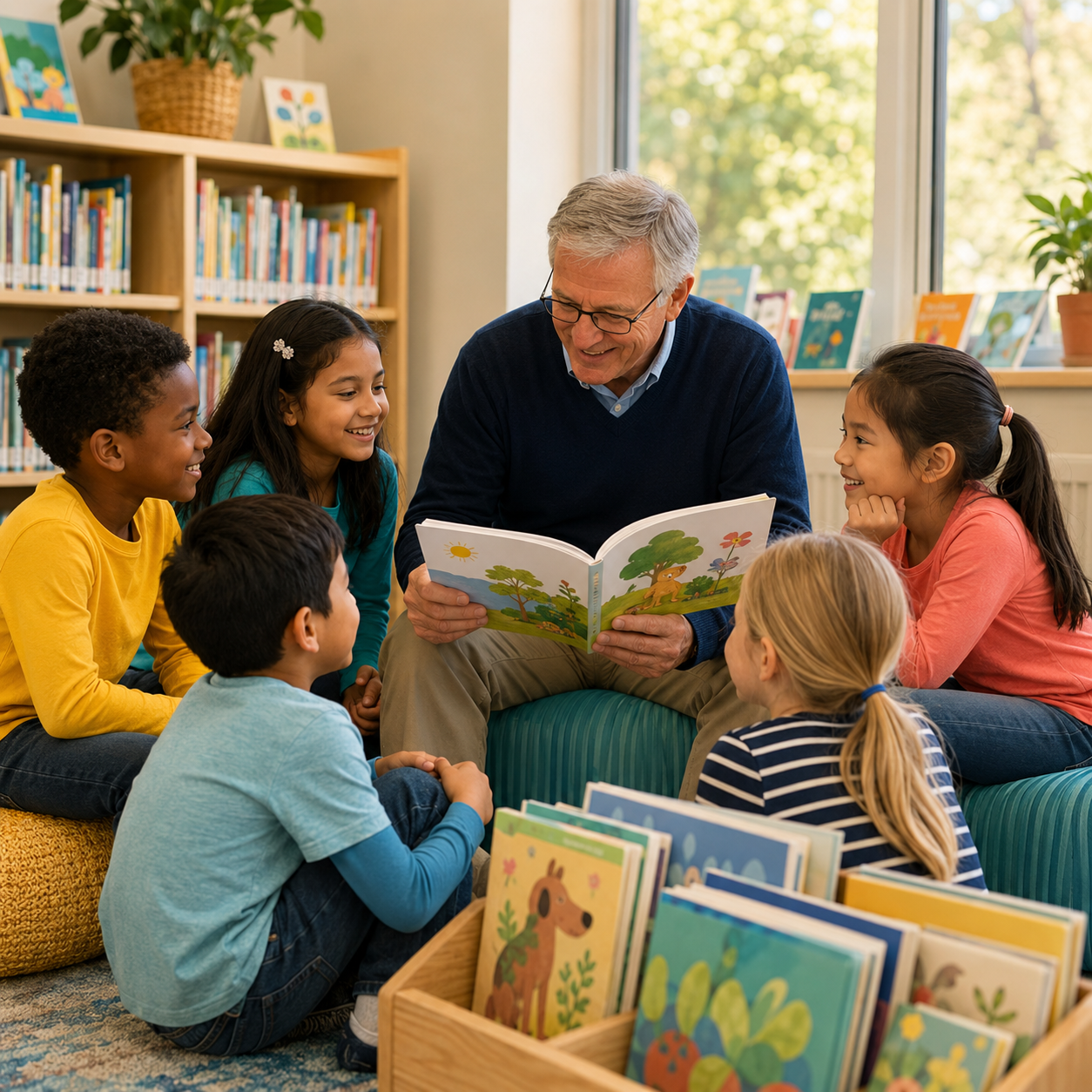 A community volunteer reading a storybook with children